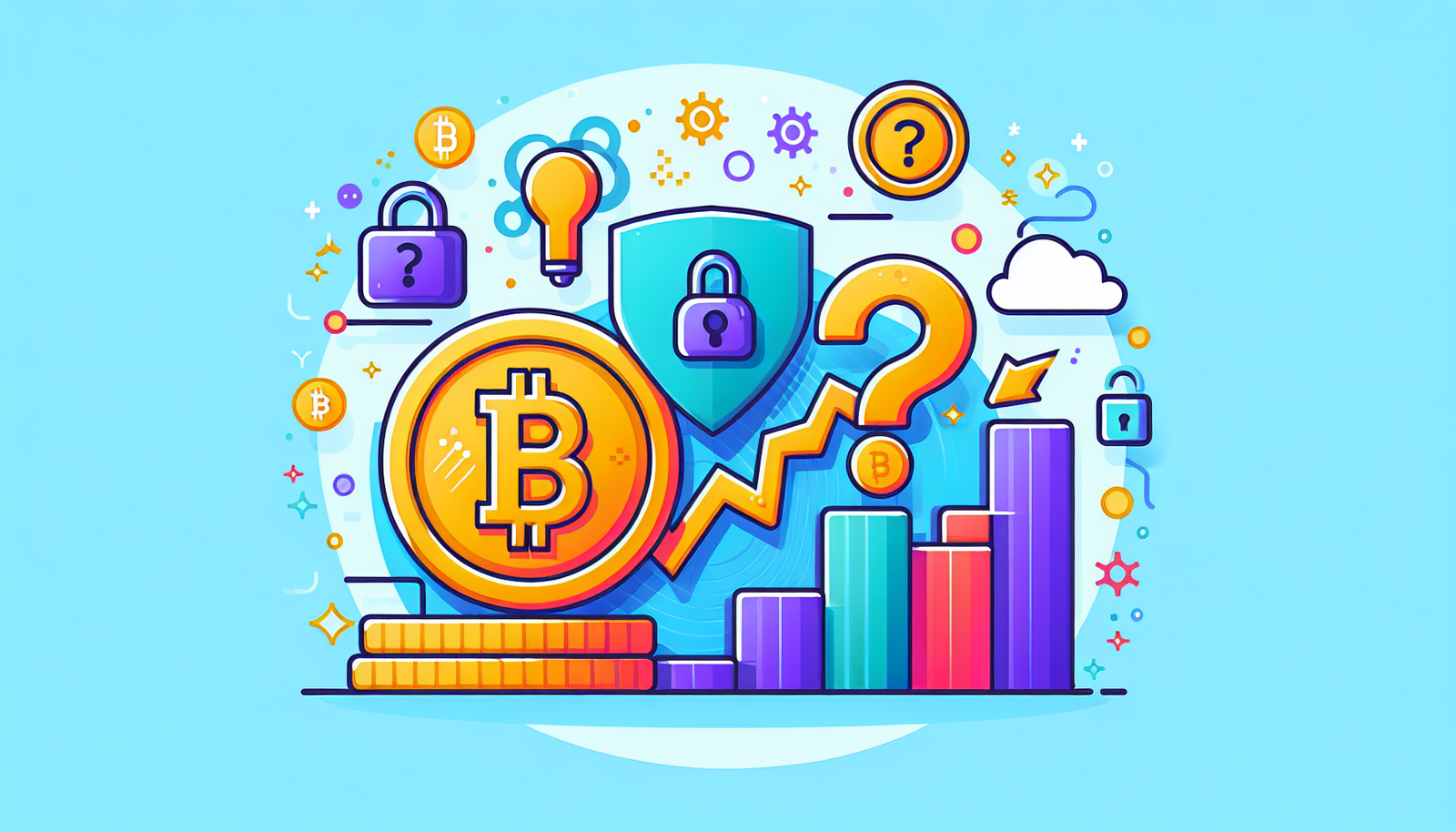 Create an illustration that visualizes some common concerns about accepting cryptocurrency payments, represented in a modern, colorful style. The image may include symbols like a stylized digital coin, a question mark to represent doubts, a lock symbolizing security issues, and a graph showcasing market volatility. To make it modern, use bright colors, and sleek, streamlined shapes.