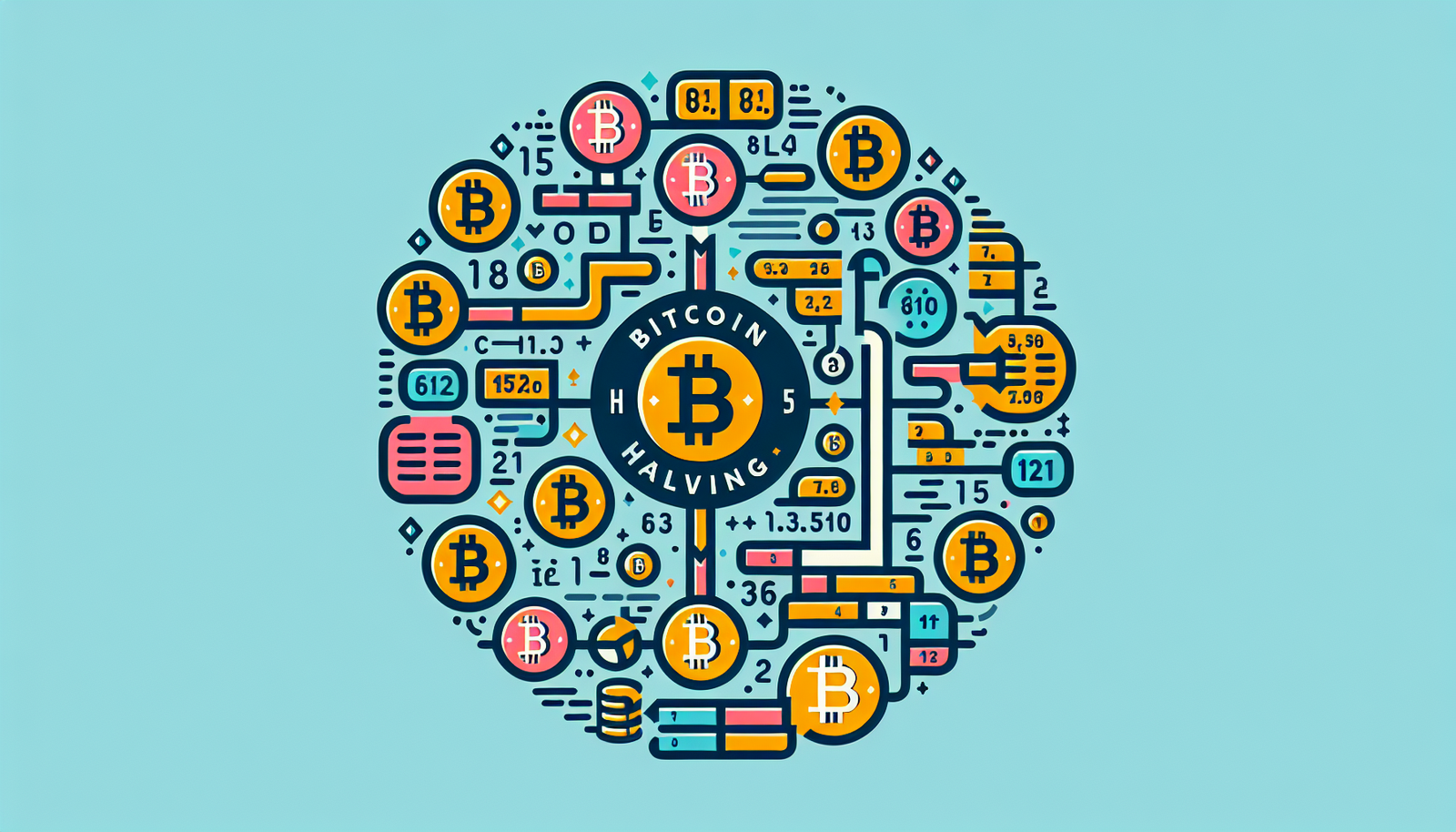 Generate a colorful, modern and purely illustrative image that explains the concept of Bitcoin halving as per a simple guide. The image should be easily understandable and free from textual descriptions. It should feature elements such as Bitcoins, symbols that represent division or halving, and a numerical timeline or flowchart to showcase the chronological and cyclic nature of the halving process.