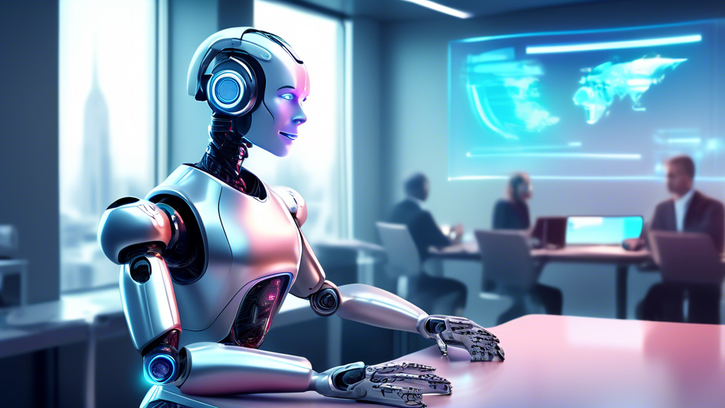 An image of a futuristic robotic AI phone agent, represented by a sleek humanoid robot with a headset, sitting in a bright, high-tech office space, using a holographic touch screen interface to successfully schedule a business meeting with a visibly surprised and pleased customer on the other end of the line.