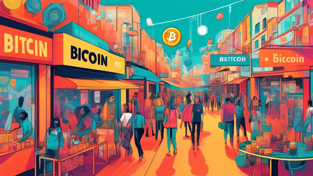 An eclectic marketplace bustling with activity where diverse storefronts display 'Bitcoin Accepted Here' signs, showcasing a futuristic and inclusive economy.