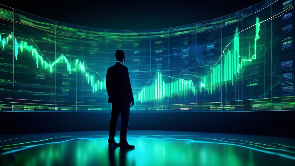 A sleek, futuristic financial chart with glowing green and blue lines representing BlackRock's Bitcoin ETF performance, displayed on a transparent holographic screen, with a silhouette of a person in professional attire analyzing the data, set against the backdrop of a bustling digital currency market floor.