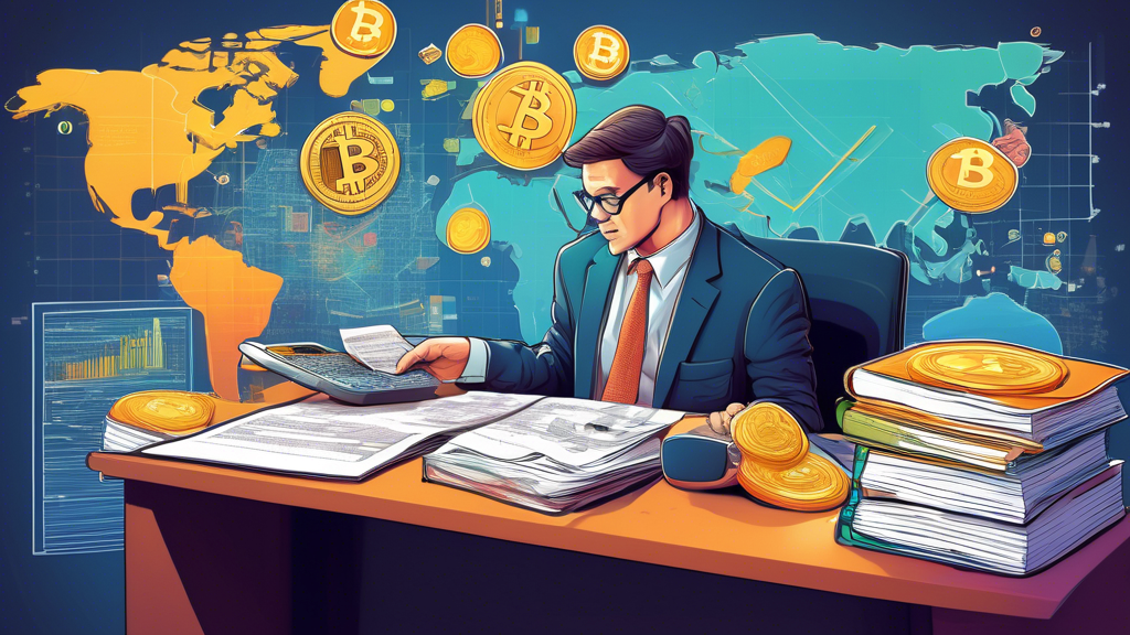 A digital illustration of a giant Bitcoin standing next to a small desk where FASB members are meticulously examining and discussing documents, with accounting books and calculators scattered around, set against a backdrop of financial charts and digital world maps.