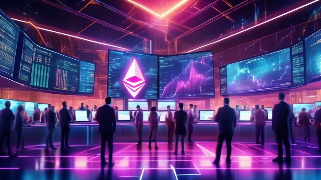 Create an image of a futuristic stock exchange floor bustling with activity, where traders are intently monitoring glowing digital screens displaying the newly approved Spot Ethereum ETF, with the SEC logo and Ethereum symbols prominently featured in the background.
