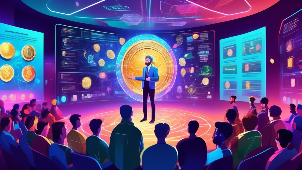 A futuristic digital classroom with holographic projections of various currencies from around the world, where Michael Saylor stands at the front, giving a lecture to an intrigued audience of diverse attendees, with a large glowing, animated infographic displaying the evolution of money from barter to cryptocurrency hovering above them.