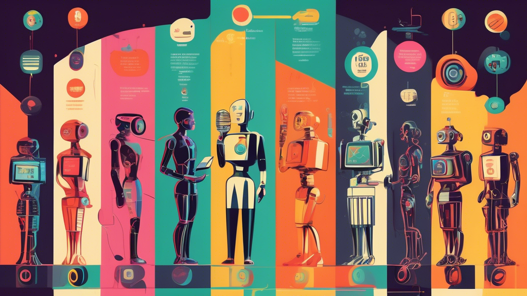 An artistic timeline depicting the evolution of AI voice agents, from vintage 1950s microphones leading to sleek, modern smart speakers amidst a backdrop of visible digital code and interacting human
