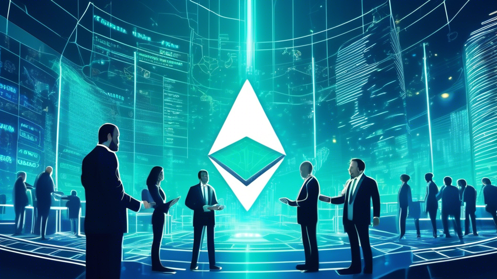 Create a detailed and futuristic digital illustration showing Ethereum's logo prominently on a sleek, modern financial building. In the background, include government officials shaking hands and discu