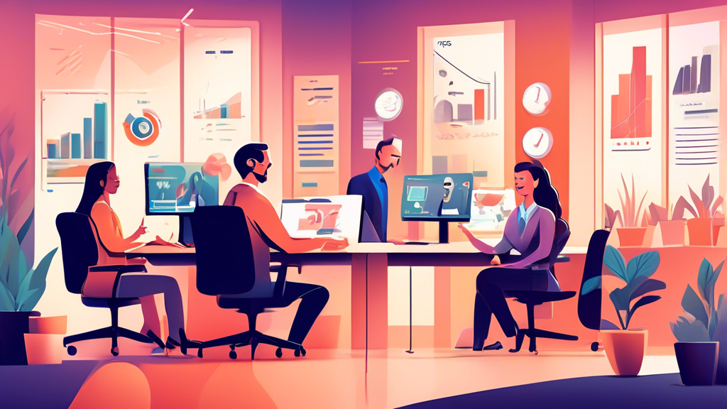 Create an illustration of a small business office setting where AI-powered agents are making outbound phone calls. Show a visual representation of increased sales success, such as graph charts showing a fourfold increase, happy business owners, and satisfied customers. The AI agents should be anthropomorphized to look friendly and efficient, blending seamlessly into the busy office environment.